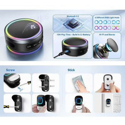 2 σε 1 Ασύρματο Αδιάβροχο Επαναφορτιζόμενο Κουδούνι Πόρτας Εμβέλειας 400m με Ηχείο Bluetooth 2 σε 1 Ασύρματο Αδιάβροχο Επαναφορτιζόμενο Κουδούνι Πόρτας Εμβέλειας 400m με Ηχείο Bluetooth