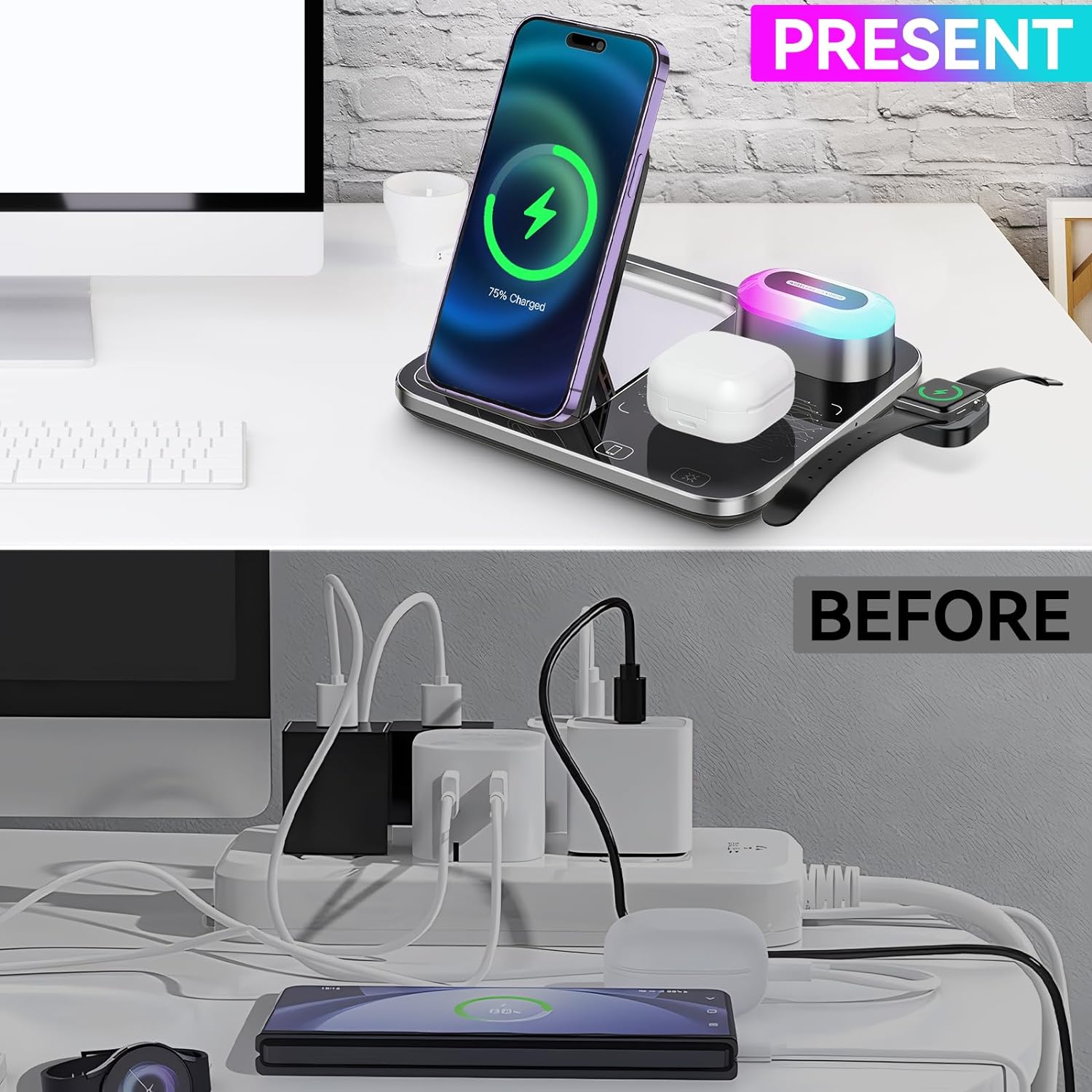 3 σε 1 Πολυλειτουργική Βάση Ασύρματης Φόρτισης Qi με Φως LED 3 σε 1 Πολυλειτουργική Βάση Ασύρματης Φόρτισης Qi με Φως LED