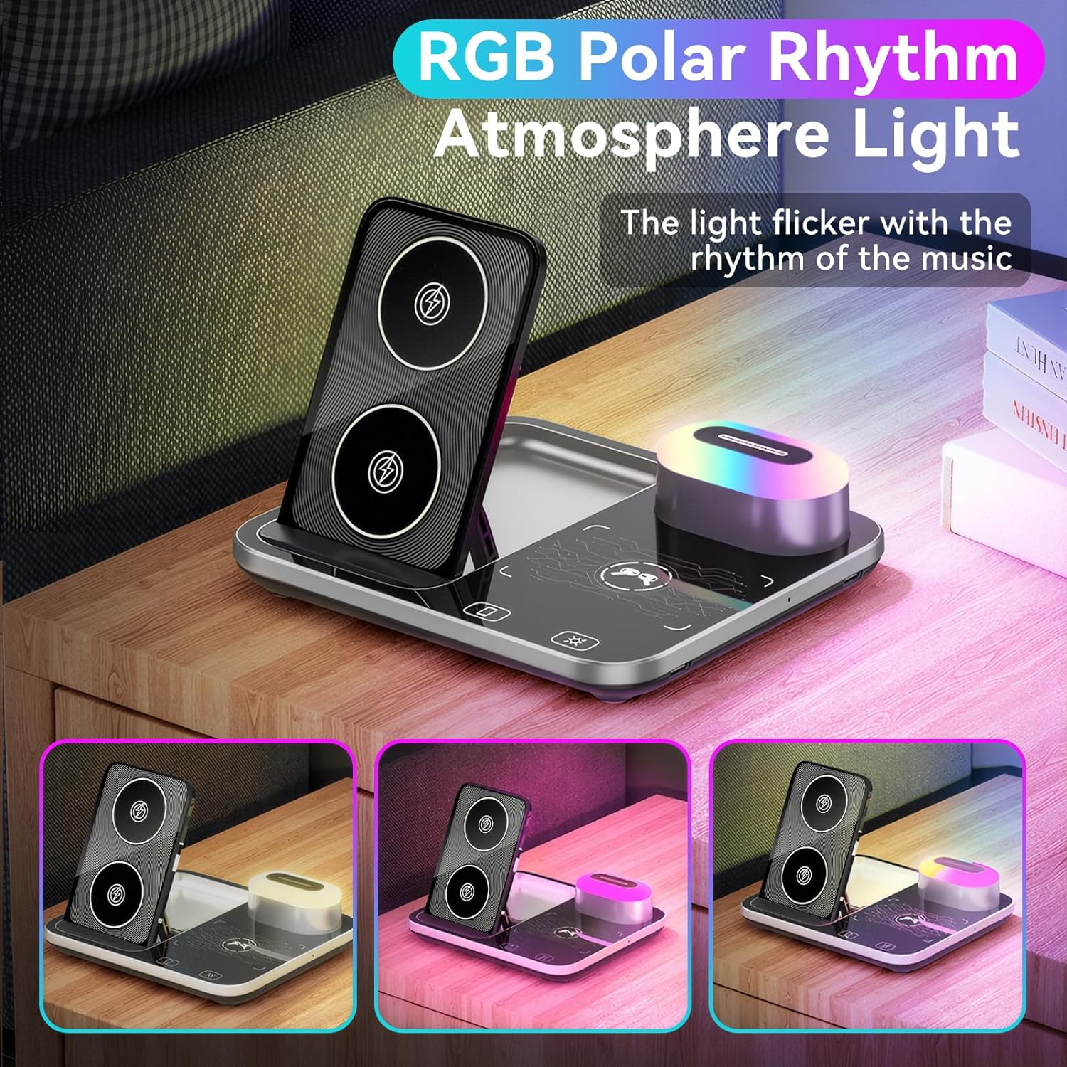 3 σε 1 Πολυλειτουργική Βάση Ασύρματης Φόρτισης Qi με Φως LED 3 σε 1 Πολυλειτουργική Βάση Ασύρματης Φόρτισης Qi με Φως LED