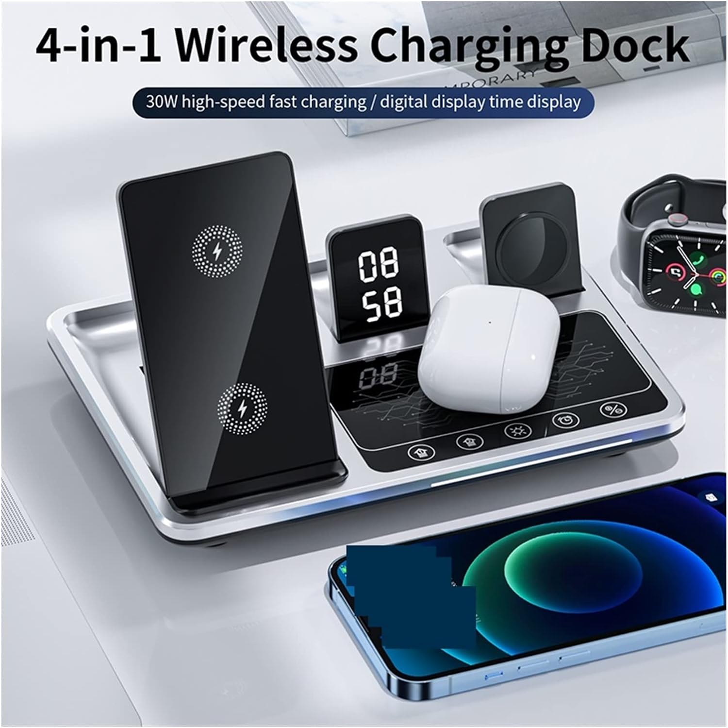 3 σε 1 Πολυλειτουργική Βάση Ασύρματης Φόρτισης Qi με Ψηφιακό Ρολόι & Φωτισμό 3 σε 1 Πολυλειτουργική Βάση Ασύρματης Φόρτισης Qi με Ψηφιακό Ρολόι & Φωτισμό