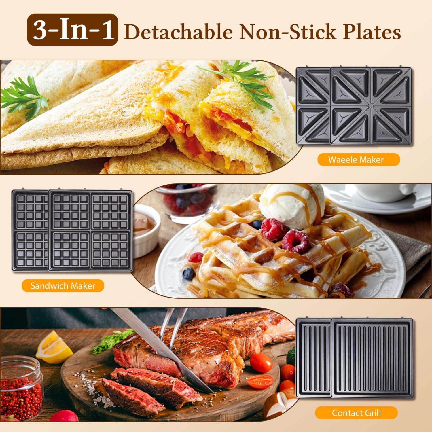 3 Σε 1 Βαφλιέρα - Τοστιέρα με Ανταλλακτικές Αντικολλητικές Πλάκες 1200W 3 Σε 1 Βαφλιέρα - Τοστιέρα με Ανταλλακτικές Αντικολλητικές Πλάκες 1200W