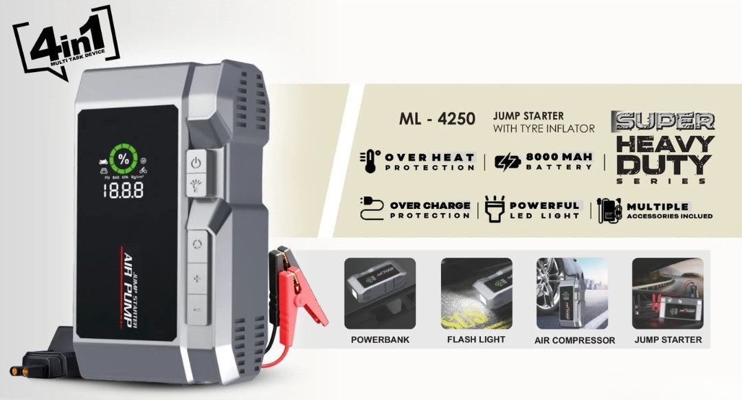 4 σε 1 Φορητός Εκκινητής Μπαταρίας 12V με Αεροσυμπιεστή, Power Bank 8000 mAh & Φακό LED 4 σε 1 Φορητός Εκκινητής Μπαταρίας 12V με Αεροσυμπιεστή, Power Bank 8000 mAh & Φακό LED