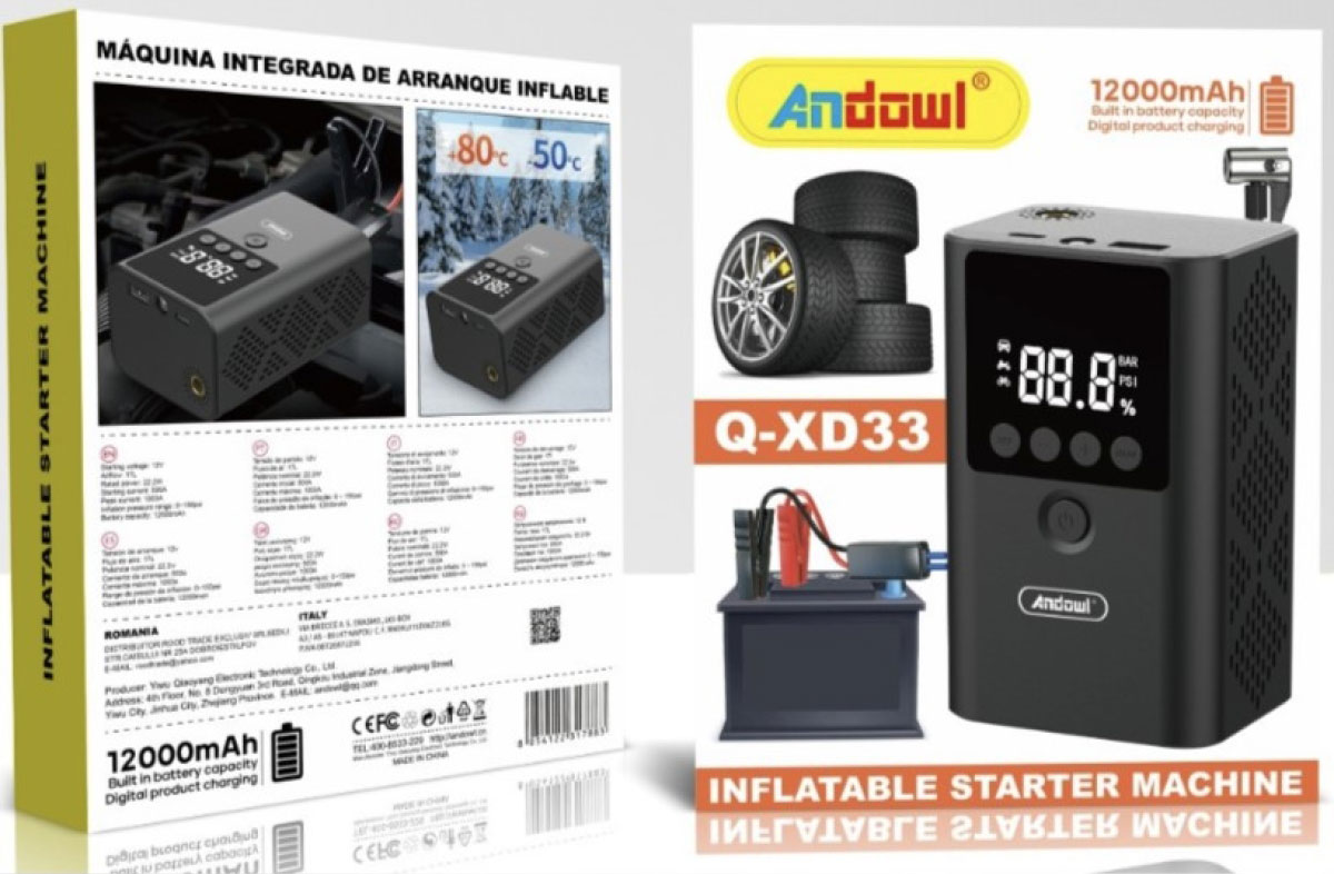 4 σε 1 Φορητός Εκκινητής Μπαταρίας Αυτοκινήτου με Αεροσυμπιεστή και Ενσωματωμένο Φακό LED 12000mAh Andowl Q-XD33 - Μαύρο 4 σε 1 Φορητός Εκκινητής Μπαταρίας Αυτοκινήτου με Αεροσυμπιεστή και Ενσωματωμένο Φακό LED 12000mAh Andowl Q-XD33 - Μαύρο