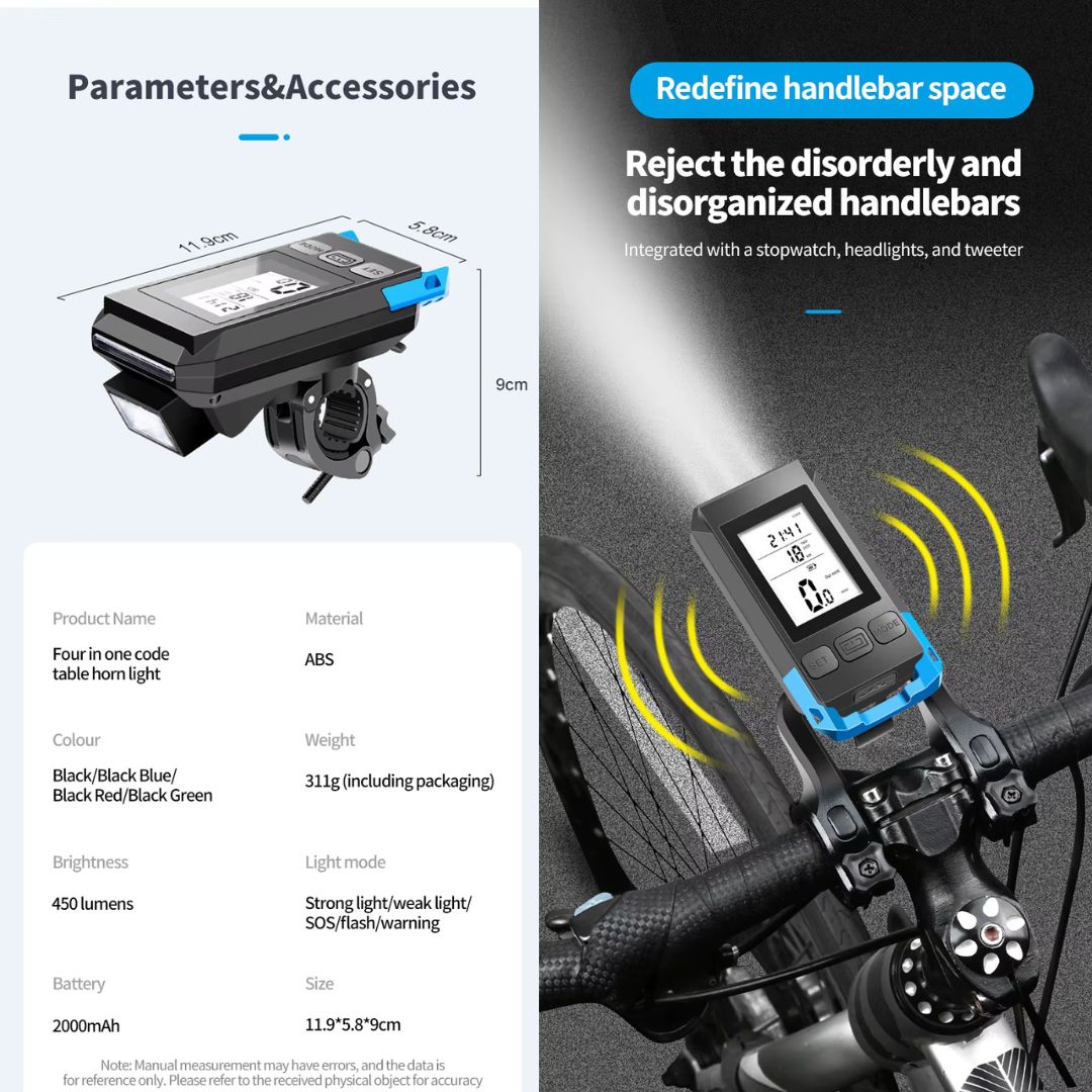 4 σε 1 Υπολογιστής Ποδηλάτου GPS με Ταχύμετρο, Φως & Ηχείο 4 σε 1 Υπολογιστής Ποδηλάτου GPS με Ταχύμετρο, Φως & Ηχείο