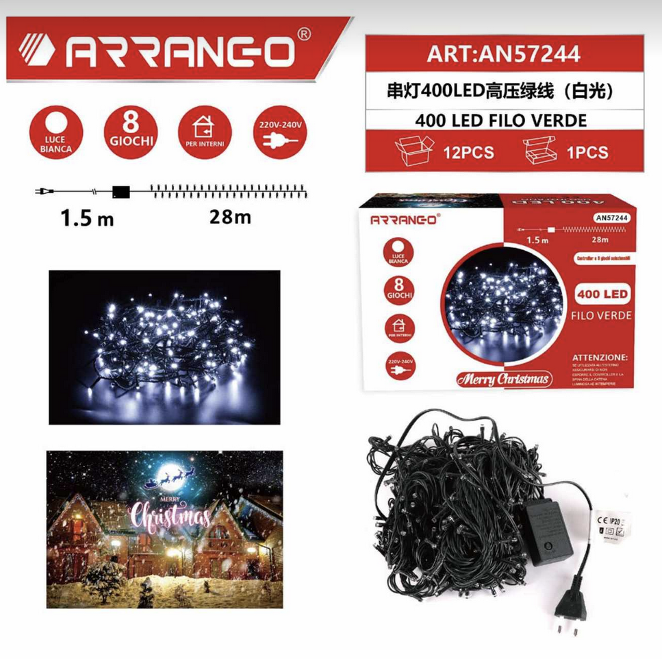 400 Χριστουγεννιάτικα LED Λαμπάκια της ARRANGO 29,5μ σε Ψυχρό Λευκό Χρώμα με Πράσινο Καλώδιο και 8 Προγράμματα Φωτισμού 400 Χριστουγεννιάτικα LED Λαμπάκια της ARRANGO 29,5μ σε Ψυχρό Λευκό Χρώμα με Πράσινο Καλώδιο και 8 Προγράμματα Φωτισμού