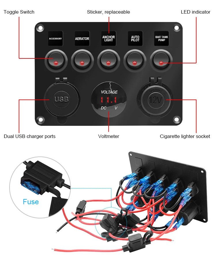 Αδιάβροχο Ψηφιακό Πάνελ Ελέγχου 12V με 5 Διακόπτες, Βολτόμετρο & USB - Για Σκάφη, Αυτοκίνητα - Panel Marine Αδιάβροχο Ψηφιακό Πάνελ Ελέγχου 12V με 5 Διακόπτες, Βολτόμετρο & USB - Για Σκάφη, Αυτοκίνητα - Panel Marine