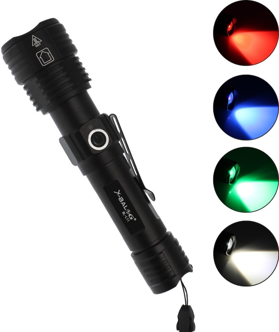 Αδιάβροχος Επαναφορτιζόμενος Φακός Cree LED Αλουμινίου με Zoom, 4 Χρώματα Φωτισμού και UV Αδιάβροχος Επαναφορτιζόμενος Φακός Cree LED Αλουμινίου με Zoom, 4 Χρώματα Φωτισμού και UV