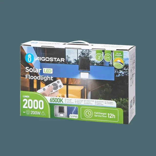 Aδιάβροχος Ηλιακός Προβολέας LED 200W με Πάνελ & Τηλεχειριστήριο - 2000lm, 6500K, IP65, 224 × 53 × 182 mm - Aigostar Aδιάβροχος Ηλιακός Προβολέας LED 200W με Πάνελ & Τηλεχειριστήριο - 2000lm, 6500K, IP65, 224 × 53 × 182 mm - Aigostar