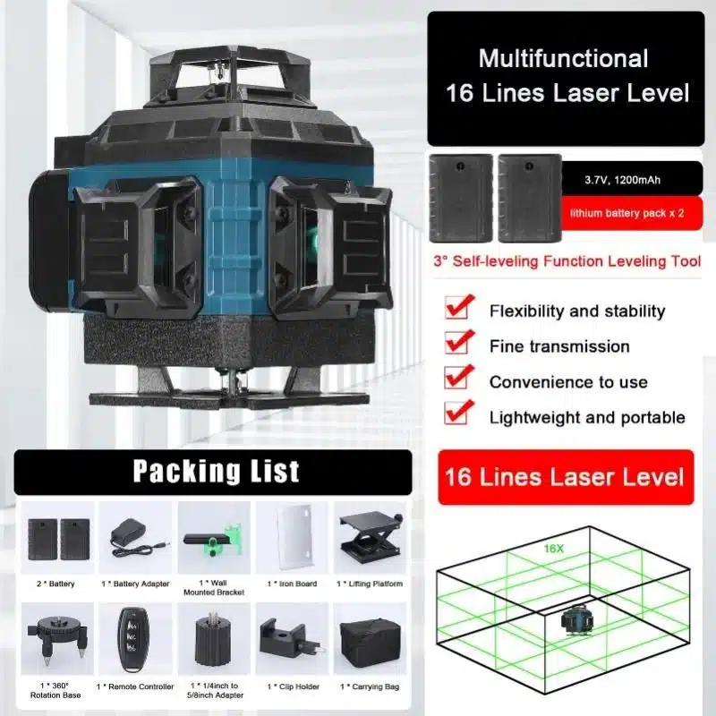 Αλφάδι Laser 4D 16 Γραμμών Πράσινης Δέσμης Max Light – Αυτορρυθμιζόμενο, Αδιάβροχο IP54 με 2 Μπαταρίες Λιθίου Αλφάδι Laser 4D 16 Γραμμών Πράσινης Δέσμης Max Light – Αυτορρυθμιζόμενο, Αδιάβροχο IP54 με 2 Μπαταρίες Λιθίου