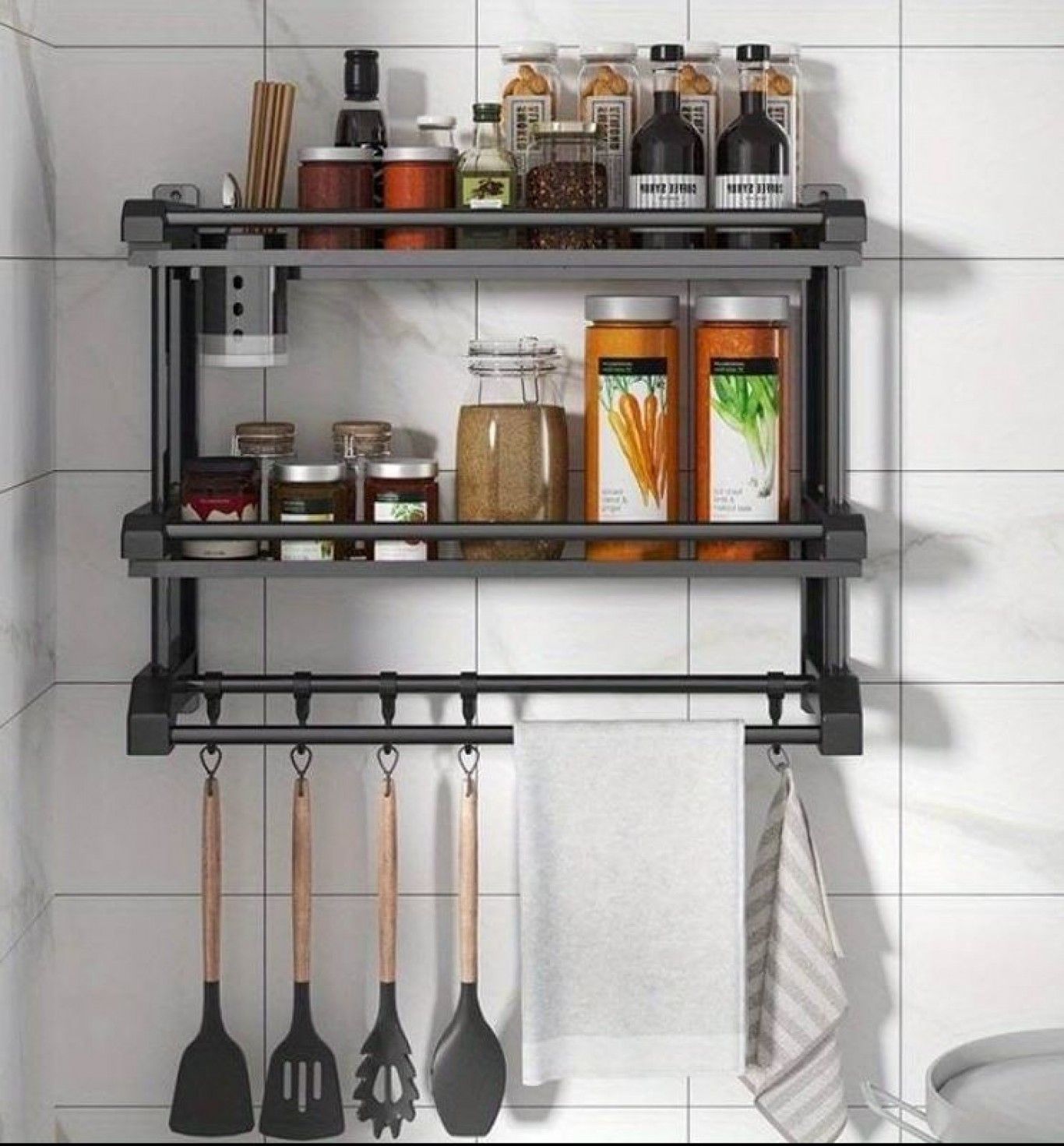 Ανοξείδωτη Κρεμάστρα Μπάνιου-Κουζίνας Επιτοίχια με 2 Ράφια Αποθήκευσης 50x38x15cm - Μαύρη Ανοξείδωτη Κρεμάστρα Μπάνιου-Κουζίνας Επιτοίχια με 2 Ράφια Αποθήκευσης 50x38x15cm - Μαύρη