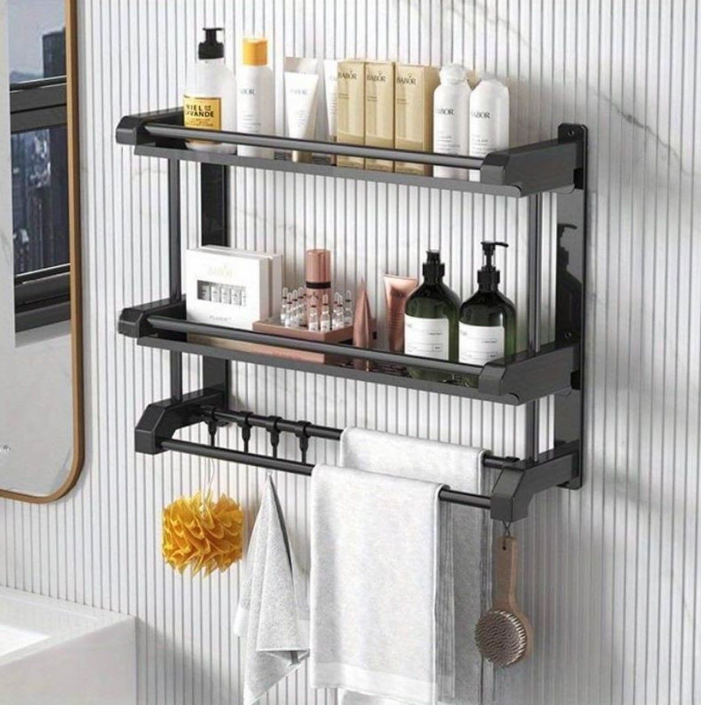 Ανοξείδωτη Κρεμάστρα Μπάνιου-Κουζίνας Επιτοίχια με 2 Ράφια Αποθήκευσης 50x38x15cm - Μαύρη Ανοξείδωτη Κρεμάστρα Μπάνιου-Κουζίνας Επιτοίχια με 2 Ράφια Αποθήκευσης 50x38x15cm - Μαύρη