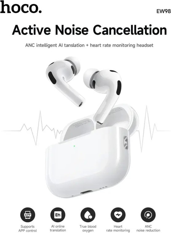 Ασύρματα Bluetooth Ακουστικά Hoco EW98 – Active Noise Cancellation, AI Μετάφραση & Καρδιακός Παλμός | ANC, BT6.0, 4h Αυτονομία, USB-C Ασύρματα Bluetooth Ακουστικά Hoco EW98 – Active Noise Cancellation, AI Μετάφραση & Καρδιακός Παλμός | ANC, BT6.0, 4h Αυτονομία, USB-C