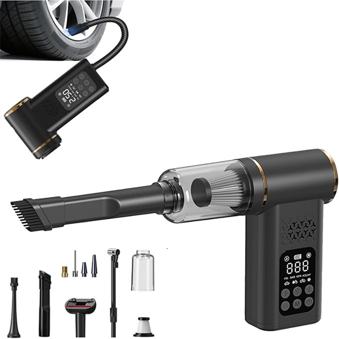 Ασύρματη Φορητή Αντλία Αέρα και Ηλεκτρική Σκούπα Αυτοκινήτου 5 σε 1 με Ψηφιακό Μανόμετρο Ασύρματη Φορητή Αντλία Αέρα και Ηλεκτρική Σκούπα Αυτοκινήτου 5 σε 1 με Ψηφιακό Μανόμετρο