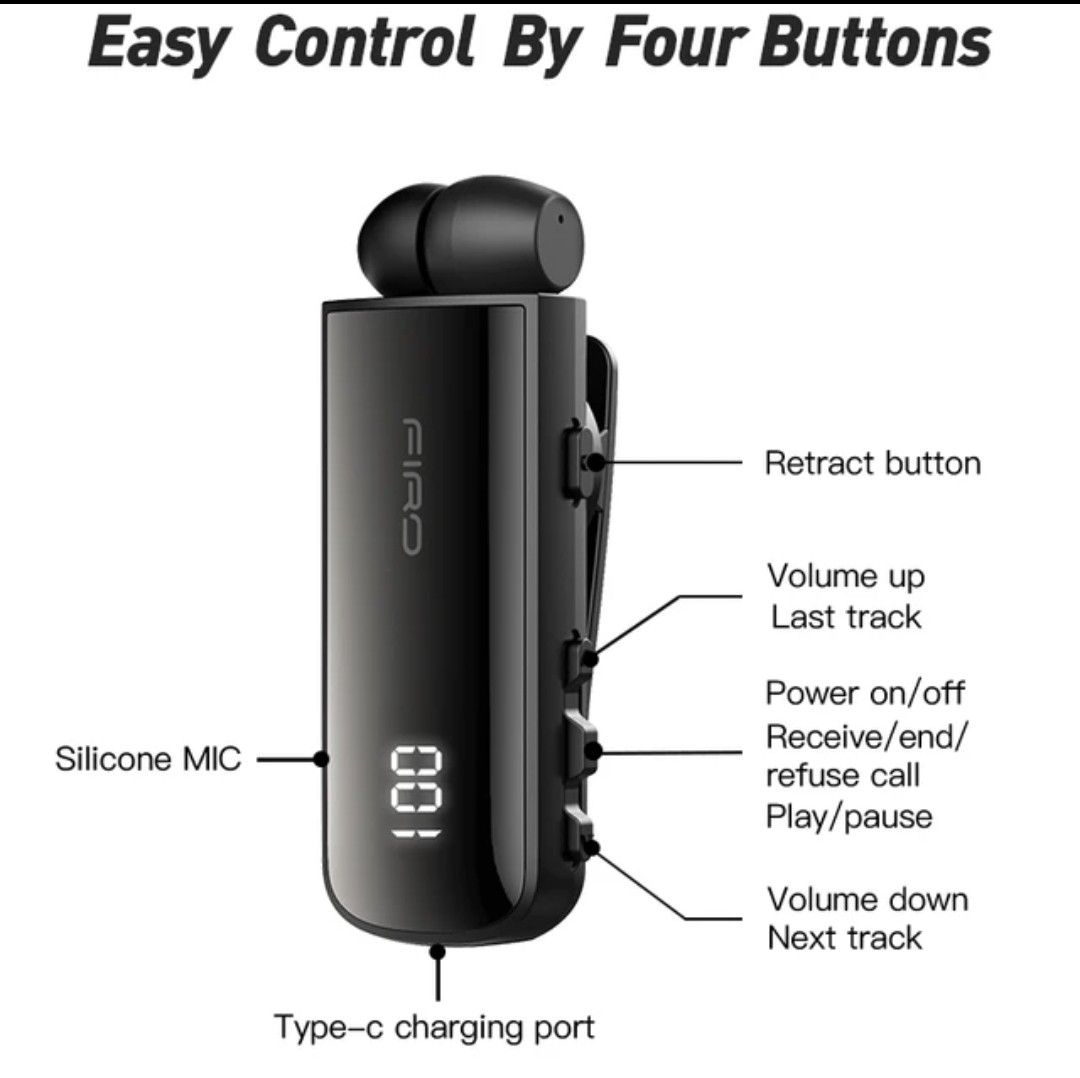 Ασύρματο Handsfree Ακουστικό Bluetooth Firo με Αναδιπλούμενο Καλώδιο, Δόνηση & Ένδειξη Μπαταρίας – Μαύρο Ασύρματο Handsfree Ακουστικό Bluetooth Firo με Αναδιπλούμενο Καλώδιο, Δόνηση & Ένδειξη Μπαταρίας – Μαύρο