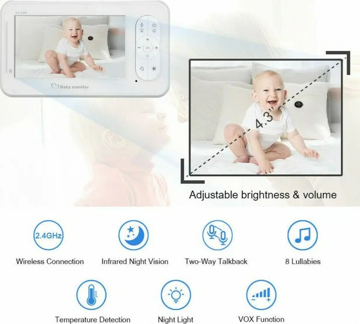 Ασύρματο Σύστημα Ασφαλείας - Παρακολούθησης -Ενδοεπικοινωνίας Μωρού με Κάμερα, Έγχρωμη LCD Οθόνη 4.3