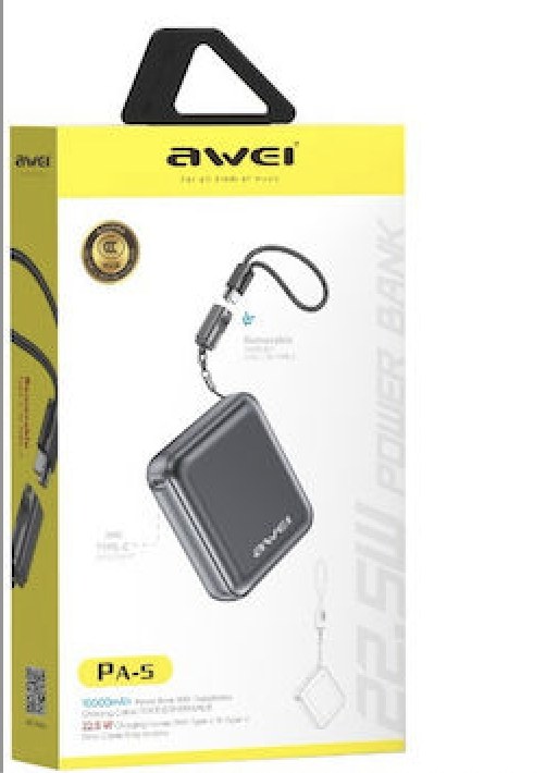 Awei Power Bank 10000mAh – Γρήγορη Φόρτιση 22.5W με Ενσωματωμένο Καλώδιο Awei Power Bank 10000mAh – Γρήγορη Φόρτιση 22.5W με Ενσωματωμένο Καλώδιο