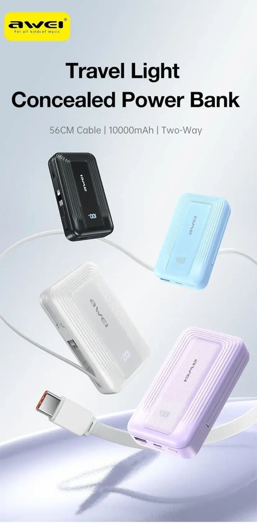 Awei Travel Light Power Bank 10000mAh – Ενσωματωμένα Καλώδια USB-C και Lightning 22.5W, Διπλή Έξοδος Awei Travel Light Power Bank 10000mAh – Ενσωματωμένα Καλώδια USB-C και Lightning 22.5W, Διπλή Έξοδος