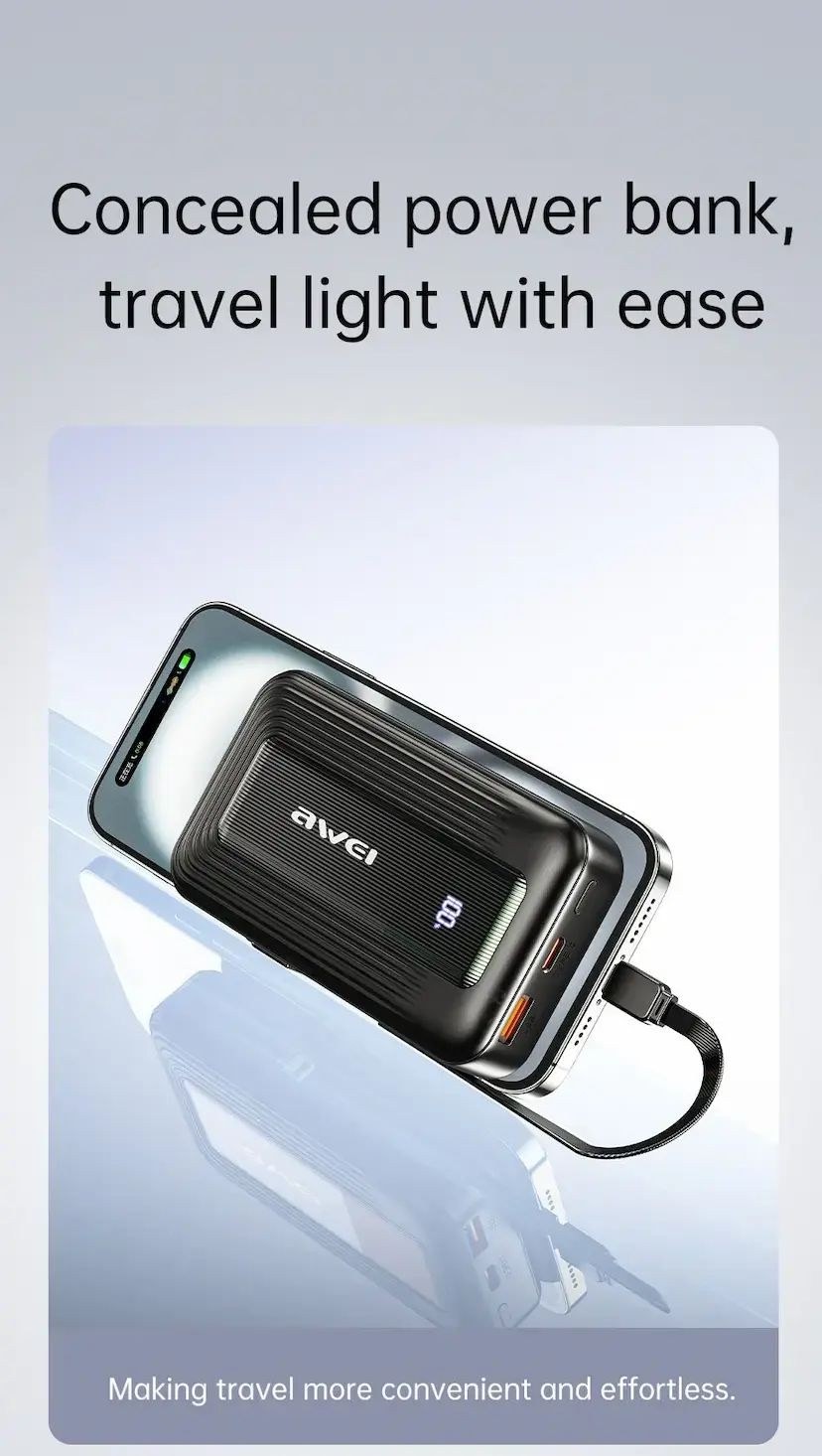 Awei Travel Light Power Bank 10000mAh – Ενσωματωμένα Καλώδια USB-C και Lightning 22.5W, Διπλή Έξοδος Awei Travel Light Power Bank 10000mAh – Ενσωματωμένα Καλώδια USB-C και Lightning 22.5W, Διπλή Έξοδος