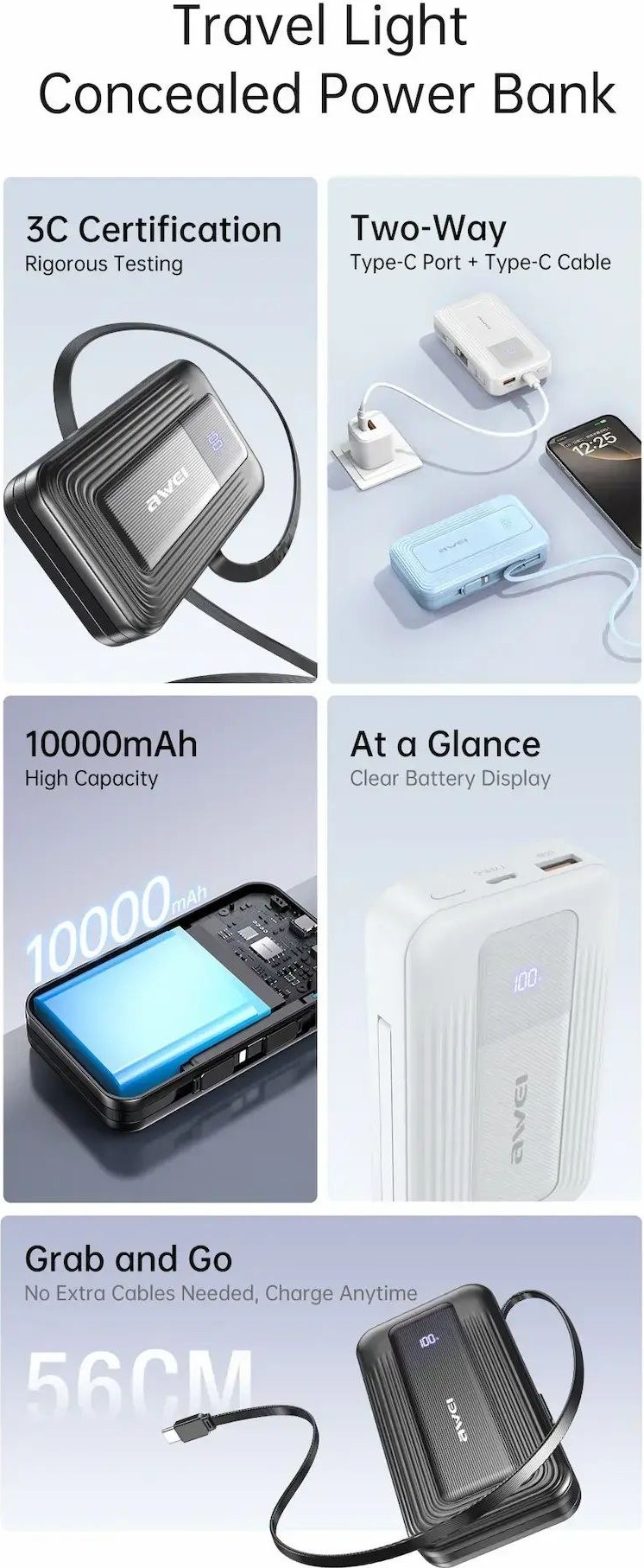 Awei Travel Light Power Bank 10000mAh – Ενσωματωμένα Καλώδια USB-C και Lightning 22.5W, Διπλή Έξοδος Awei Travel Light Power Bank 10000mAh – Ενσωματωμένα Καλώδια USB-C και Lightning 22.5W, Διπλή Έξοδος