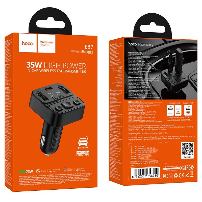 Hoco E87 Delta – Bluetooth FM Transmitter 35W με USB-A & USB-C | Ασύρματη Μουσική & Γρήγορη Φόρτιση Αυτοκινήτου Hoco E87 Delta – Bluetooth FM Transmitter 35W με USB-A & USB-C | Ασύρματη Μουσική & Γρήγορη Φόρτιση Αυτοκινήτου
