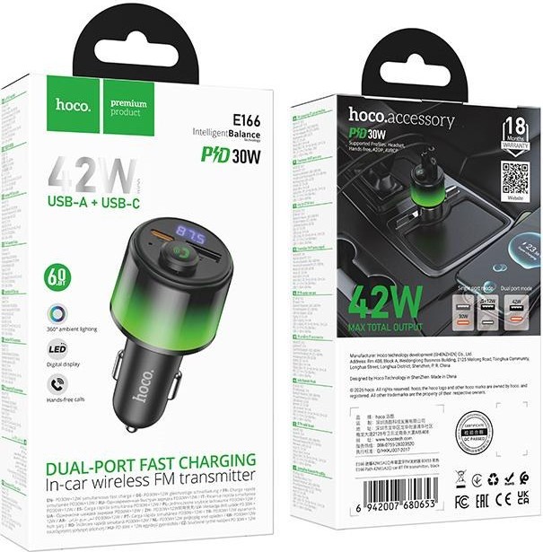Bluetooth FM Transmitter HOCO E166 Path 42W – Ταχεία Φόρτιση PD 30W, USB-C και USB-A, Bluetooth, Hands-Free Κλήσεις, LED Ένδειξη Bluetooth FM Transmitter HOCO E166 Path 42W – Ταχεία Φόρτιση PD 30W, USB-C και USB-A, Bluetooth, Hands-Free Κλήσεις, LED Ένδειξη
