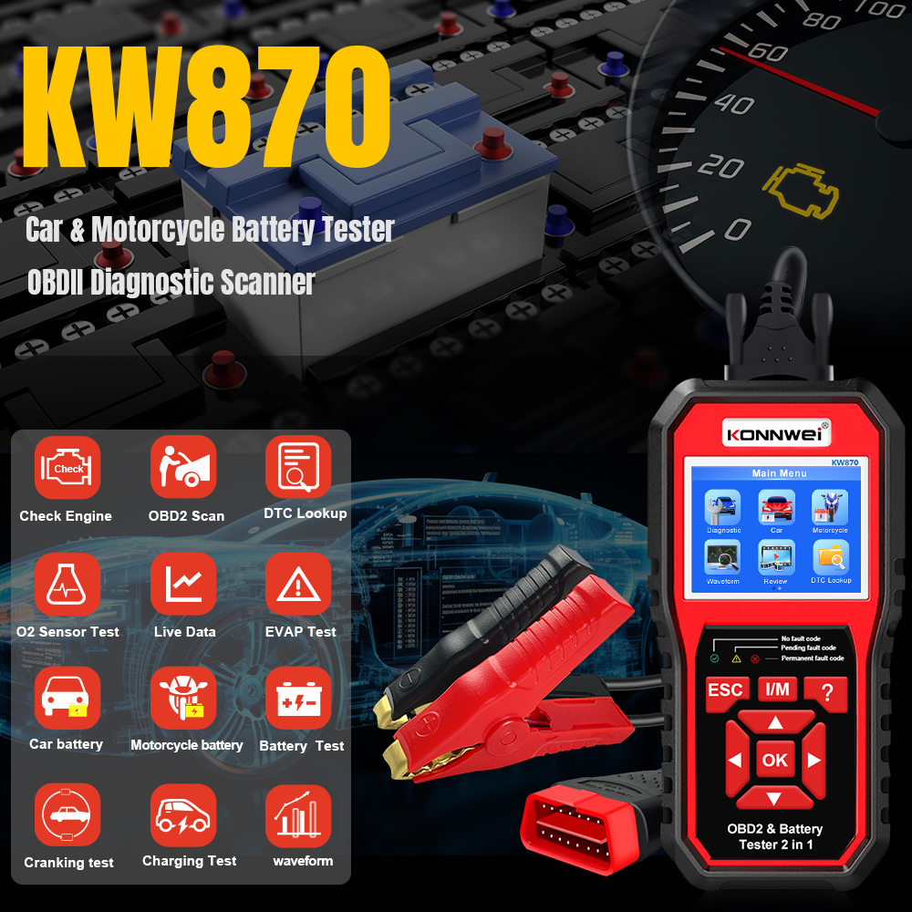 Διαγνωστικό OBD2 & Tester Μπαταρίας για Αυτοκίνητα και Μοτοσυκλέτες - Konnwei Διαγνωστικό OBD2 & Tester Μπαταρίας για Αυτοκίνητα και Μοτοσυκλέτες - Konnwei