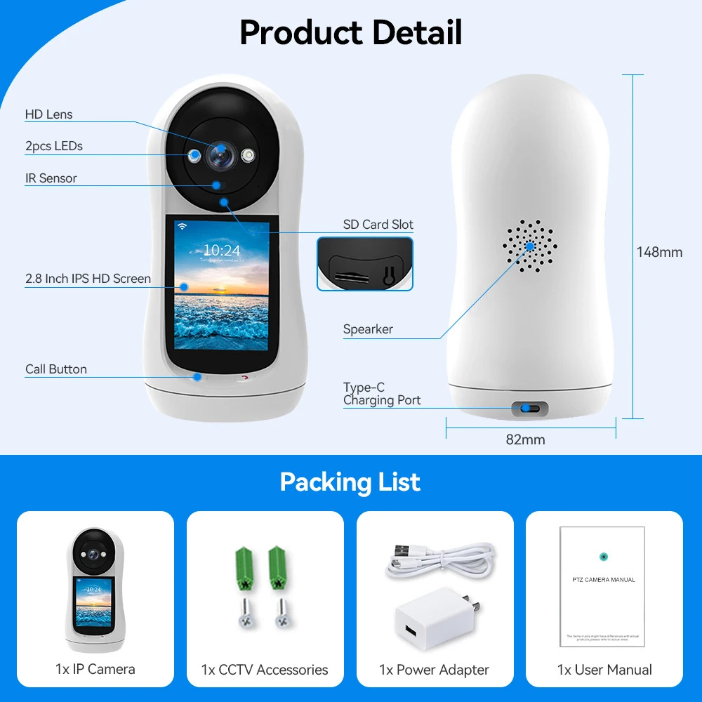 Έξυπνη Κάμερα WiFi 1080P HD με οθόνη 2,8 Ιντσών, Αμφίδρομη Επικοινωνία, Ανίχνευση Κίνησης & Έγχρωμη Νυχτερινή Όραση Έξυπνη Κάμερα WiFi 1080P HD με οθόνη 2,8 Ιντσών, Αμφίδρομη Επικοινωνία, Ανίχνευση Κίνησης & Έγχρωμη Νυχτερινή Όραση