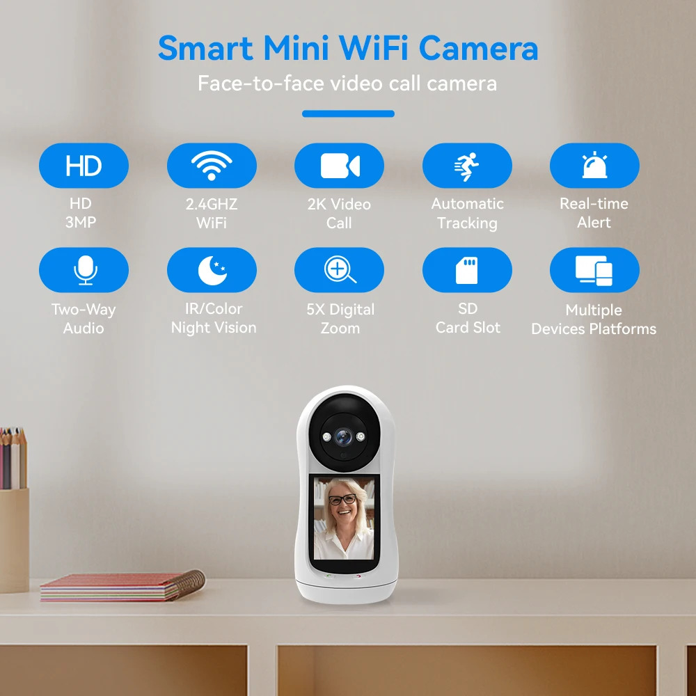 Έξυπνη Κάμερα WiFi 1080P HD με οθόνη 2,8 Ιντσών, Αμφίδρομη Επικοινωνία, Ανίχνευση Κίνησης & Έγχρωμη Νυχτερινή Όραση Έξυπνη Κάμερα WiFi 1080P HD με οθόνη 2,8 Ιντσών, Αμφίδρομη Επικοινωνία, Ανίχνευση Κίνησης & Έγχρωμη Νυχτερινή Όραση