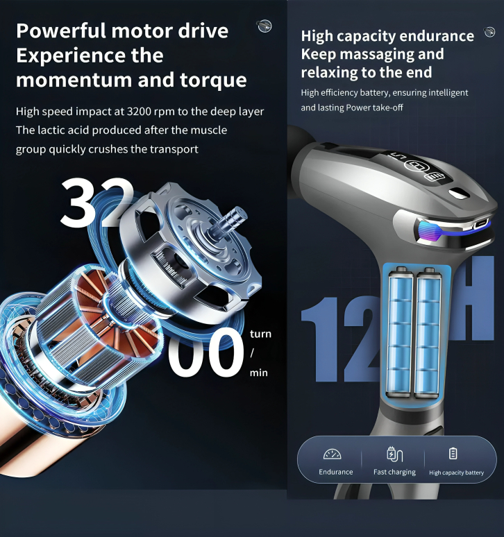 Επαγγελματικό Επαναφορτιζόμενο Πιστόλι Μασάζ με 4 Κεφαλές και Οθόνη Ενδείξεων LED Επαγγελματικό Επαναφορτιζόμενο Πιστόλι Μασάζ με 4 Κεφαλές και Οθόνη Ενδείξεων LED