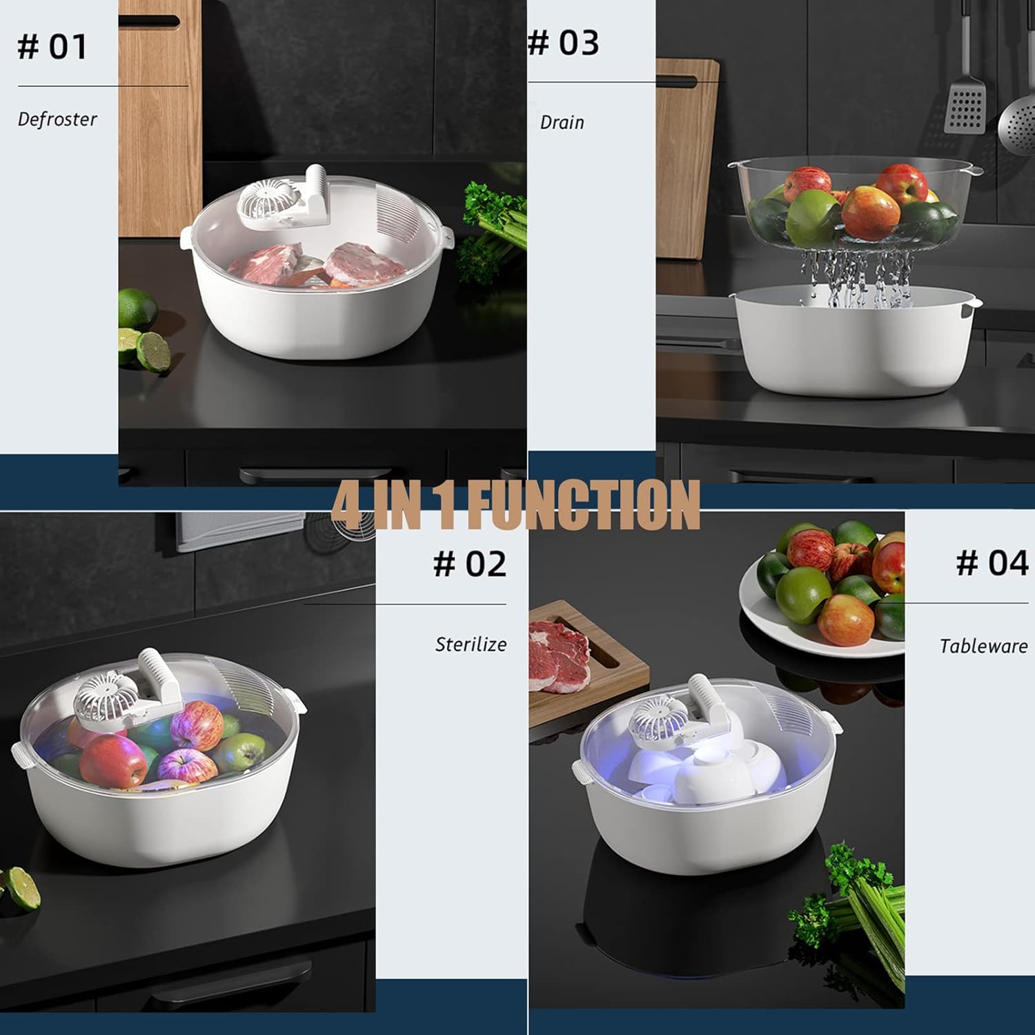 Επαναφορτιζόμενη Πολυλειτουργική Συσκευή Απόψυξης Τροφίμων, Αποστείρωσης, Συντήρησης και Αποθήκευσης με Καλάθι Αποστράγγισης Επαναφορτιζόμενη Πολυλειτουργική Συσκευή Απόψυξης Τροφίμων, Αποστείρωσης, Συντήρησης και Αποθήκευσης με Καλάθι Αποστράγγισης