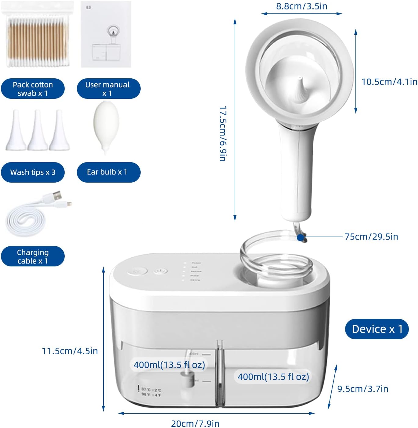 Επαναφορτιζόμενη Συσκευή Καθαρισμού Αυτιών με Νερό για Ενήλικες & Παιδιά με 4 Ρυθμίσεις Επαναφορτιζόμενη Συσκευή Καθαρισμού Αυτιών με Νερό για Ενήλικες & Παιδιά με 4 Ρυθμίσεις