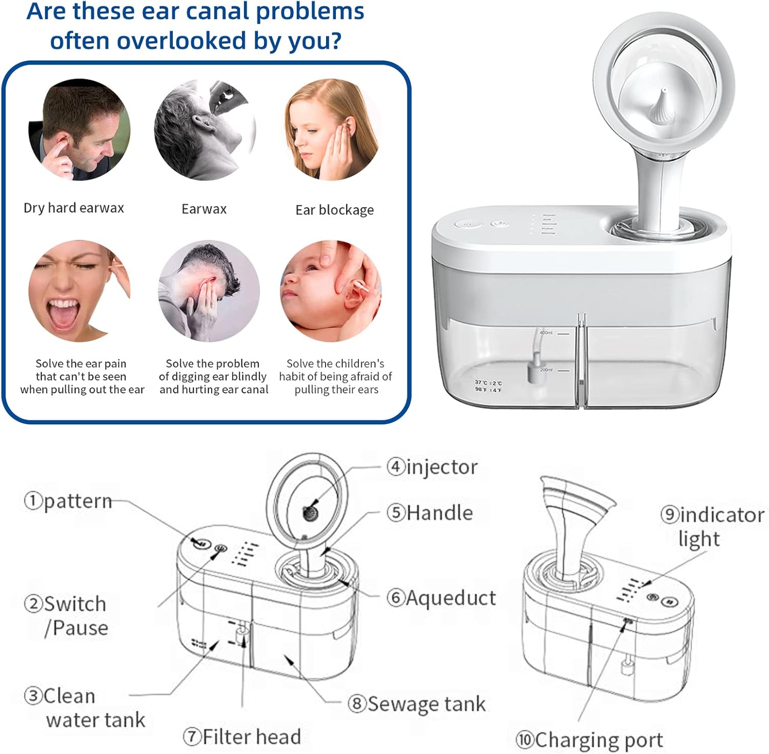 Επαναφορτιζόμενη Συσκευή Καθαρισμού Αυτιών με Νερό για Ενήλικες & Παιδιά με 4 Ρυθμίσεις Επαναφορτιζόμενη Συσκευή Καθαρισμού Αυτιών με Νερό για Ενήλικες & Παιδιά με 4 Ρυθμίσεις
