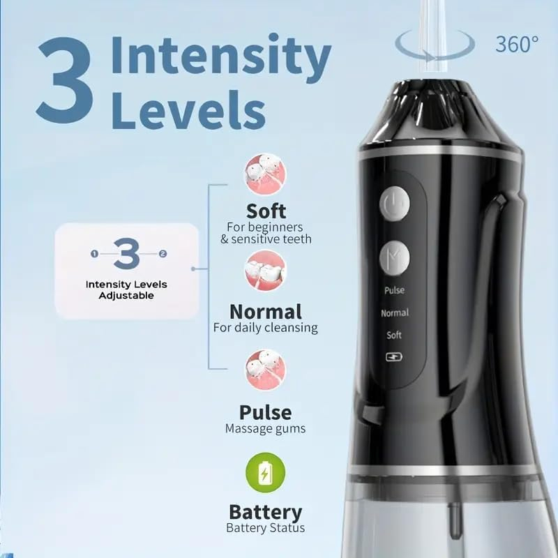 Επαναφορτιζόμενη Συσκευή Καθαρισμού Δοντιών με Πίεση Νερού 380ml & 4 Ακροφύσια Επαναφορτιζόμενη Συσκευή Καθαρισμού Δοντιών με Πίεση Νερού 380ml & 4 Ακροφύσια