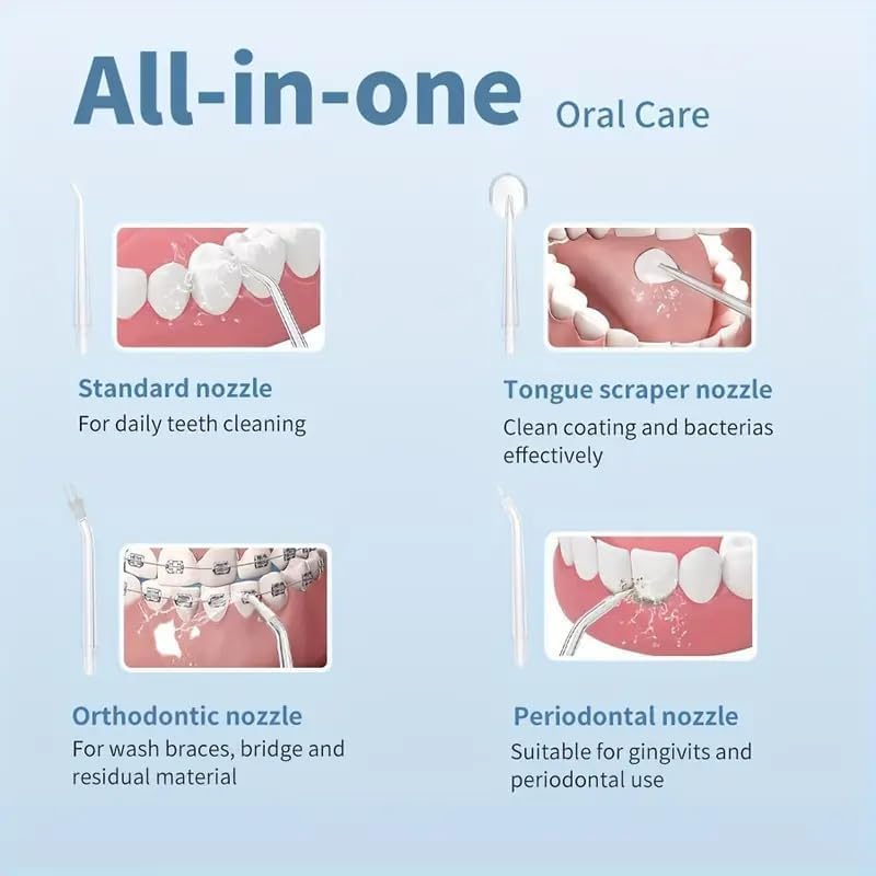 Επαναφορτιζόμενη Συσκευή Καθαρισμού Δοντιών με Πίεση Νερού 380ml & 4 Ακροφύσια Επαναφορτιζόμενη Συσκευή Καθαρισμού Δοντιών με Πίεση Νερού 380ml & 4 Ακροφύσια