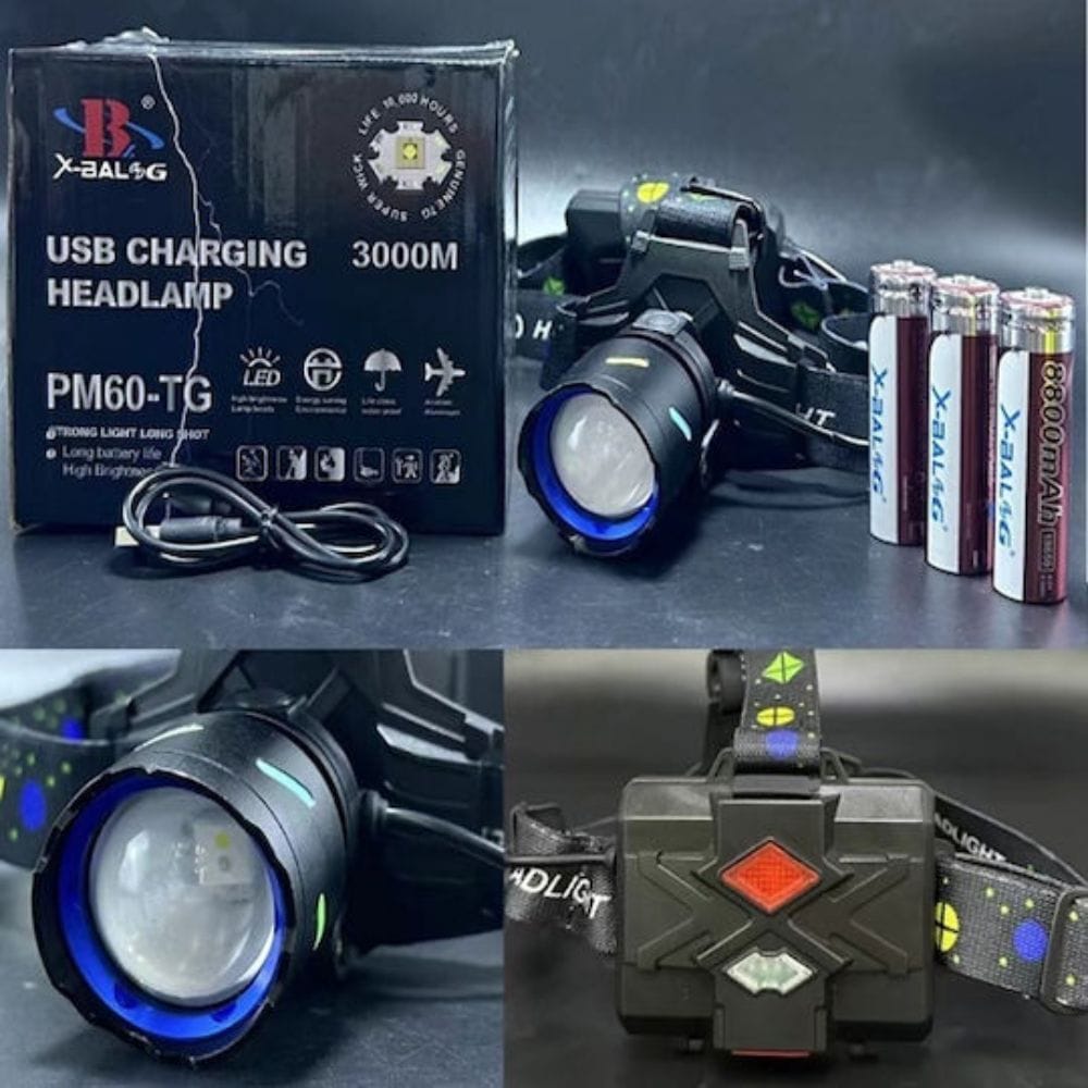 Επαναφορτιζόμενος Φακός Κεφαλής LED με Εμβέλεια έως 3000m και USB Φόρτιση X-Balog Επαναφορτιζόμενος Φακός Κεφαλής LED με Εμβέλεια έως 3000m και USB Φόρτιση X-Balog