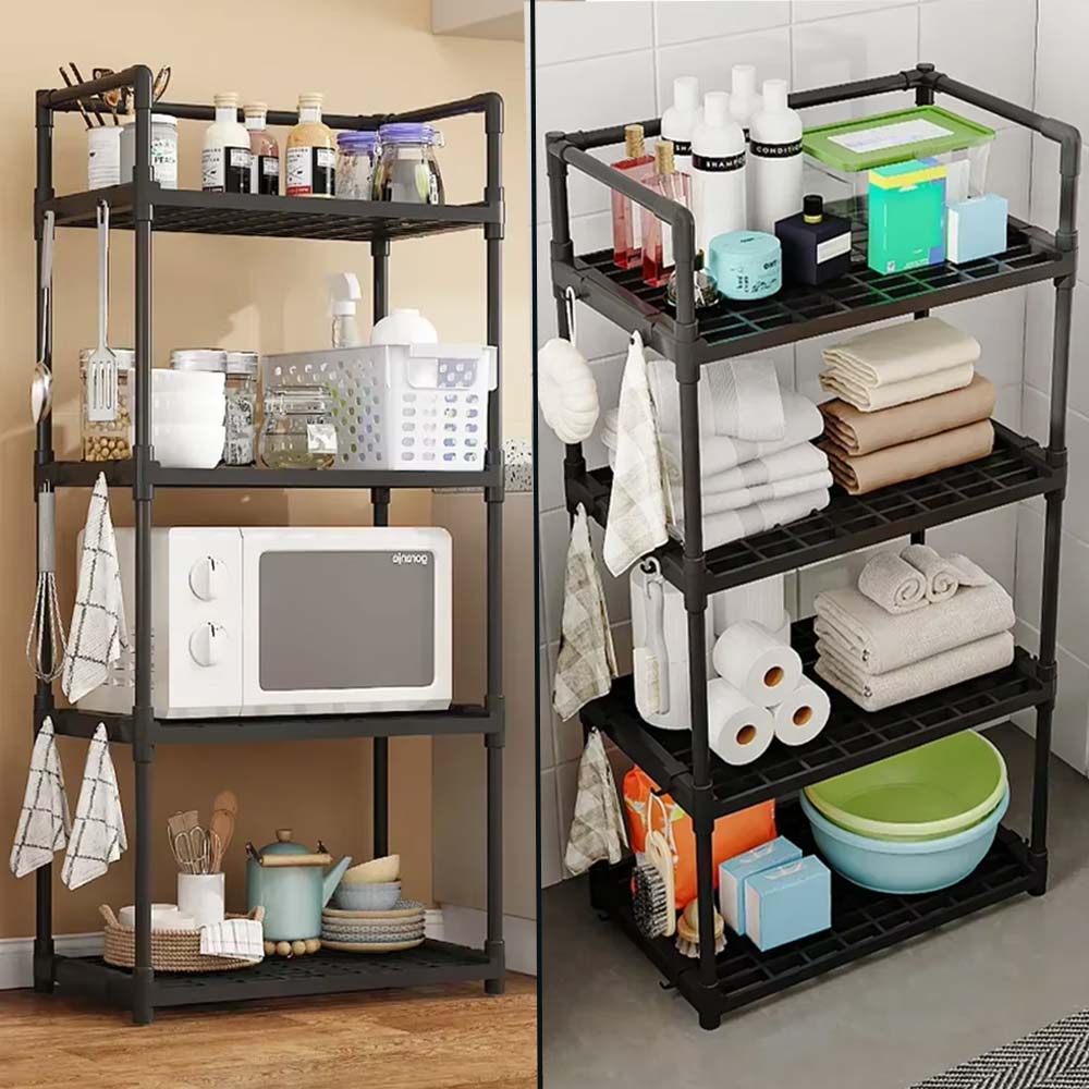 Επιδαπέδια Βάση Οργάνωσης Κουζίνας - Μπάνιου 4 Επιπέδων 48x26x113cm με Μεταλλικό Σκελετό και Γάντζους Μαύρη Επιδαπέδια Βάση Οργάνωσης Κουζίνας - Μπάνιου 4 Επιπέδων 48x26x113cm με Μεταλλικό Σκελετό και Γάντζους Μαύρη