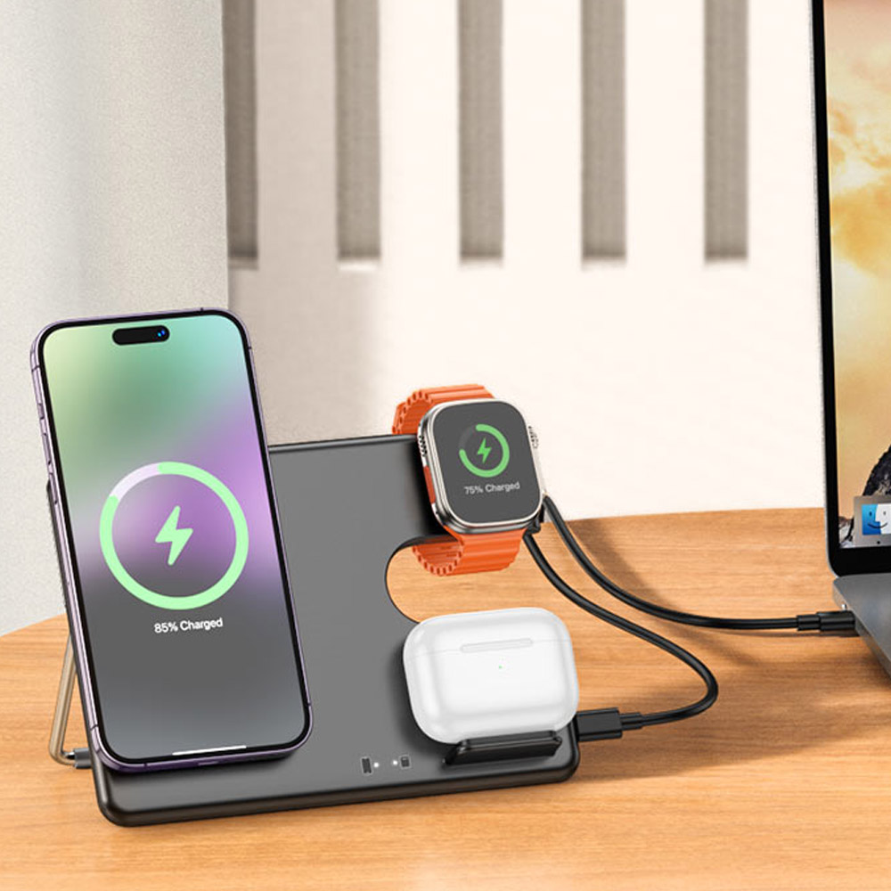 Επιτραπέζια Αναδιπλούμενη Βάση Φόρτισης Magsafe 3 σε 1 3A 15W με Κάθετη Φόρτιση 3 Συσκευών και Ρυθμιζόμενο Βραχίωνα Hoco Μαύρη Επιτραπέζια Αναδιπλούμενη Βάση Φόρτισης Magsafe 3 σε 1 3A 15W με Κάθετη Φόρτιση 3 Συσκευών και Ρυθμιζόμενο Βραχίωνα Hoco Μαύρη