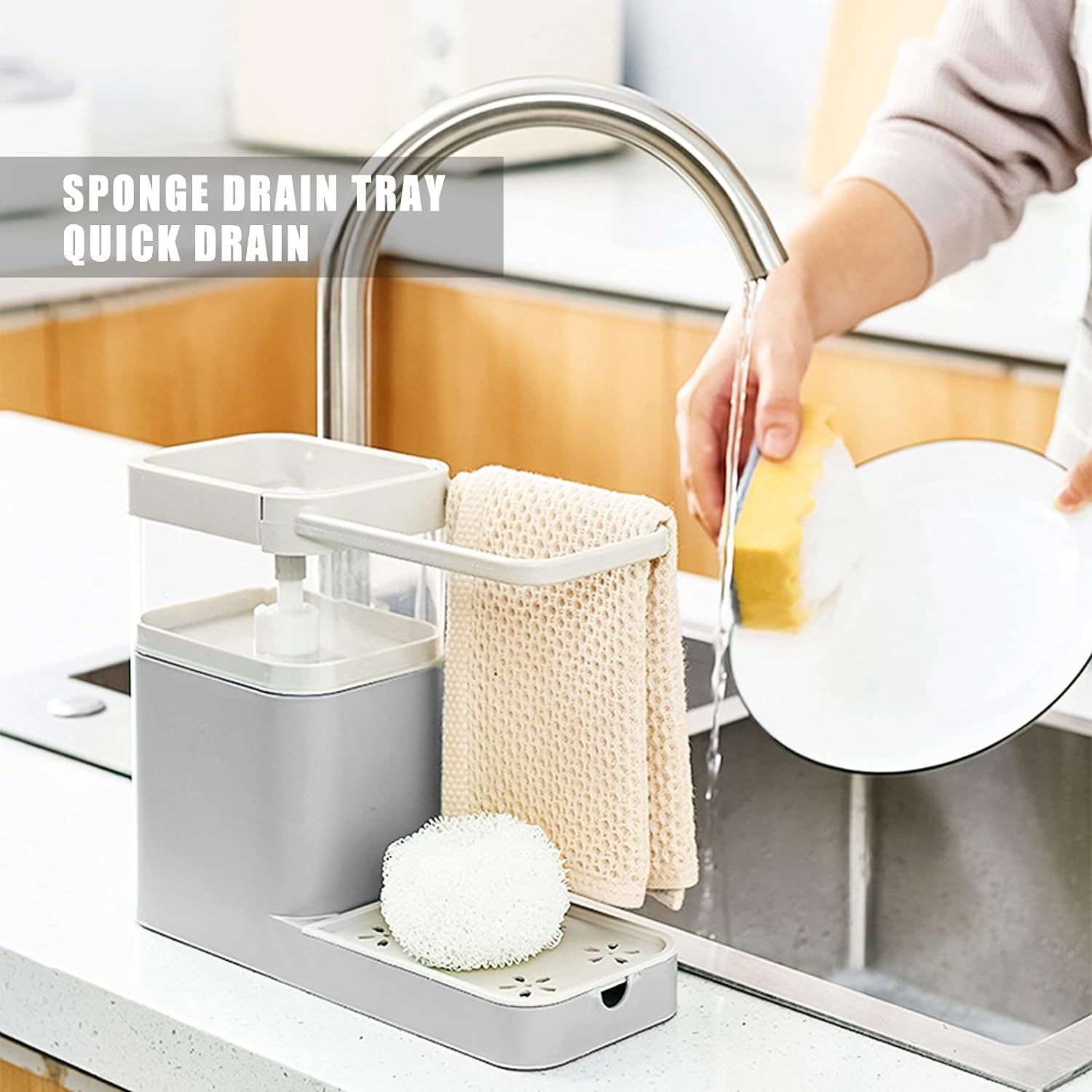 Επιτραπέζιος Διανεμητής Σαπουνιού με Βάση για Σφουγγάρι και Πετσέτα 12×9.5x21x25cm – Γκρι Επιτραπέζιος Διανεμητής Σαπουνιού με Βάση για Σφουγγάρι και Πετσέτα 12×9.5x21x25cm – Γκρι