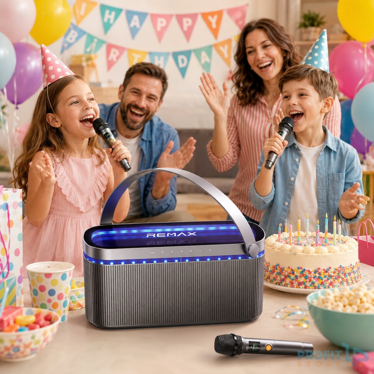 Φορητό Ηχείο Karaoke Remax RB-MB09 80W – Bluetooth με 2 Ασύρματα Μικρόφωνα | RGB Φωτισμός, Επαναφορτιζόμενο Φορητό Ηχείο Karaoke Remax RB-MB09 80W – Bluetooth με 2 Ασύρματα Μικρόφωνα | RGB Φωτισμός, Επαναφορτιζόμενο