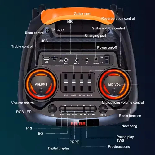 Φορητό Bluetooth Ηχείο 8’’ με Μικρόφωνο, Τηλεχειριστήριο & LED Φωτισμό Φορητό Bluetooth Ηχείο 8’’ με Μικρόφωνο, Τηλεχειριστήριο & LED Φωτισμό
