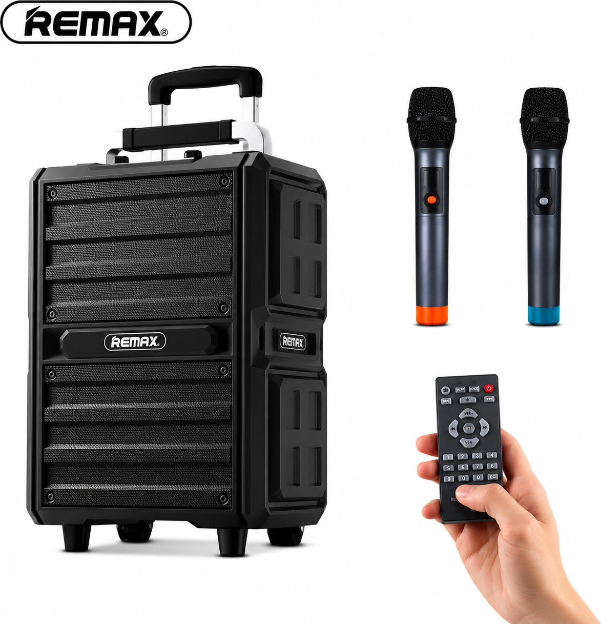 Φορητό Ηχείο Bluetooth Karaoke Remax RB-X5 50W με 2 Ασύρματα Μικρόφωνα | Τρόλεϊ, USB, AUX, Επαναφορτιζόμενο Φορητό Ηχείο Bluetooth Karaoke Remax RB-X5 50W με 2 Ασύρματα Μικρόφωνα | Τρόλεϊ, USB, AUX, Επαναφορτιζόμενο