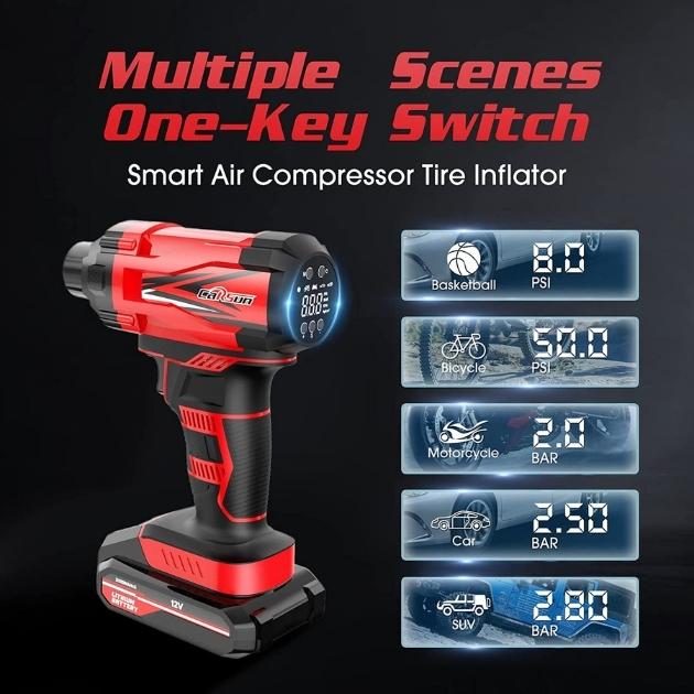 Carsun Φορητή Τρόμπα Αέρος με Ψηφιακή Οθόνη και Φακό LED - Για Αυτοκίνητο - Μηχανή - Μπάλες - 12V - Κόκκινο Χρώμα Carsun Φορητή Τρόμπα Αέρος με Ψηφιακή Οθόνη και Φακό LED - Για Αυτοκίνητο - Μηχανή - Μπάλες - 12V - Κόκκινο Χρώμα