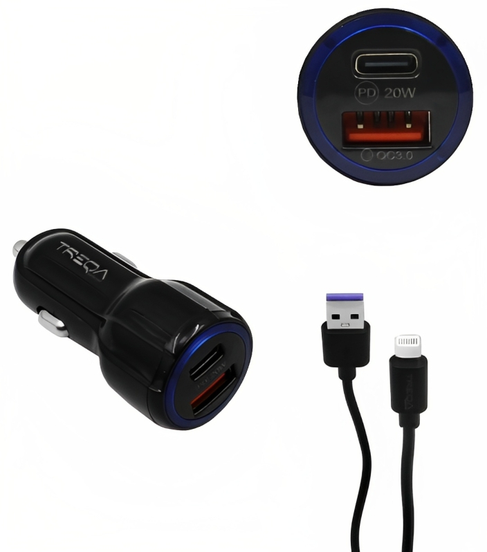 Φορτιστής Αυτοκινήτου Ταχείας Φόρτισης 12V – 24V με Θύρα USB-A 3.1Α και Θύρα USB-C PD 20W και Καλώδιο Lightning - Treqa Φορτιστής Αυτοκινήτου Ταχείας Φόρτισης 12V – 24V με Θύρα USB-A 3.1Α και Θύρα USB-C PD 20W και Καλώδιο Lightning - Treqa