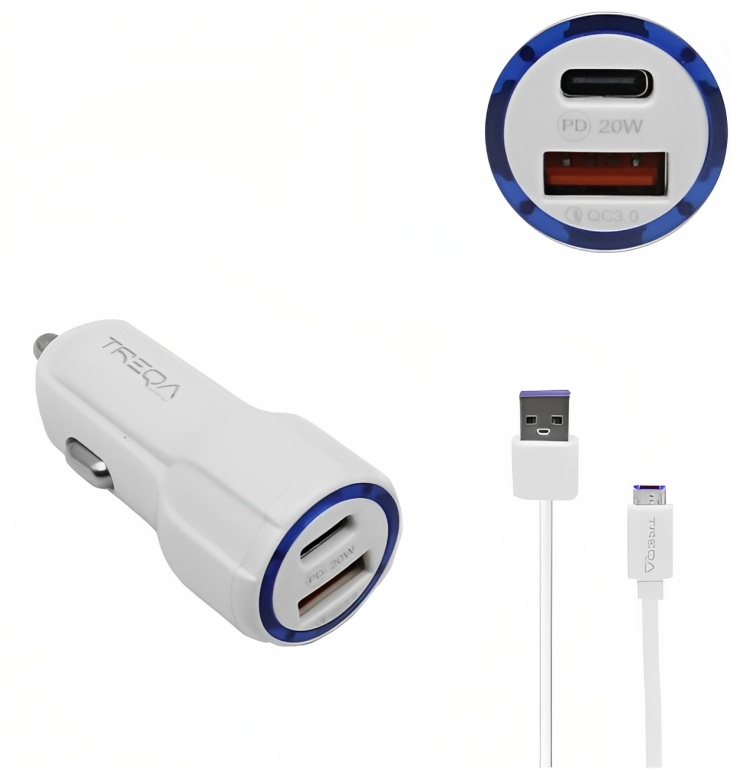 Φορτιστής Αυτοκινήτου Ταχείας Φόρτισης 12V – 24V με Θύρα USB-A 3.1Α και Θύρα USB-C PD 20W και Καλώδιο Lightning - Treqa - Λευκό Φορτιστής Αυτοκινήτου Ταχείας Φόρτισης 12V – 24V με Θύρα USB-A 3.1Α και Θύρα USB-C PD 20W και Καλώδιο Lightning - Treqa - Λευκό