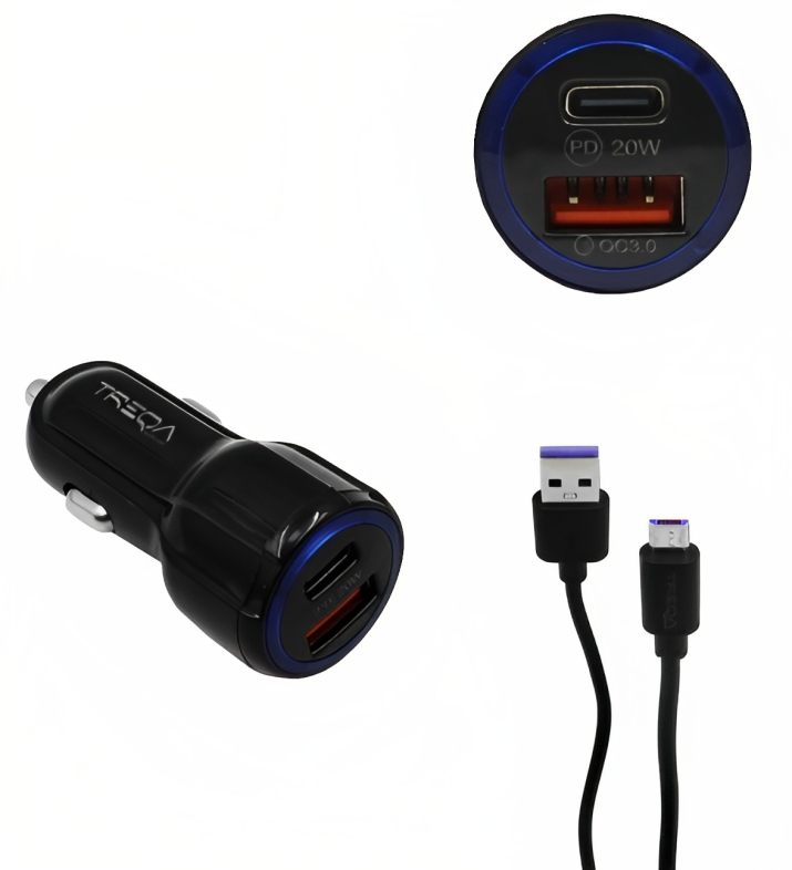 Φορτιστής Αυτοκινήτου Ταχείας Φόρτισης 12V – 24V με Θύρα USB-A 3.1Α και Θύρα USB-C PD 20W και Καλώδιο Micro USB - Treqa Φορτιστής Αυτοκινήτου Ταχείας Φόρτισης 12V – 24V με Θύρα USB-A 3.1Α και Θύρα USB-C PD 20W και Καλώδιο Micro USB - Treqa