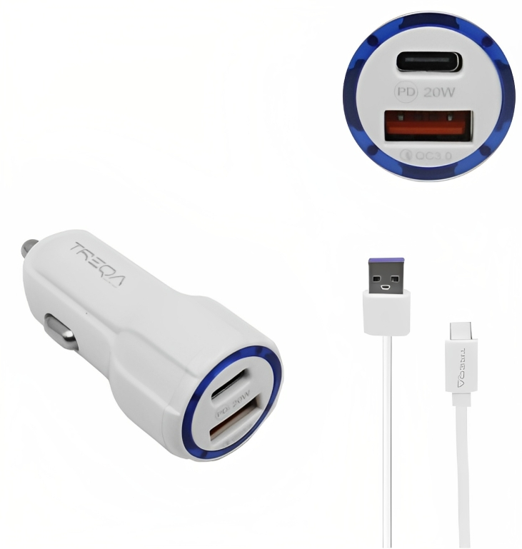 Φορτιστής Αυτοκινήτου Ταχείας Φόρτισης 12V – 24V με Θύρα USB-A 3.1Α και Θύρα USB-C PD 20W και Καλώδιο TypeC - Treqa - Λευκό Φορτιστής Αυτοκινήτου Ταχείας Φόρτισης 12V – 24V με Θύρα USB-A 3.1Α και Θύρα USB-C PD 20W και Καλώδιο TypeC - Treqa - Λευκό
