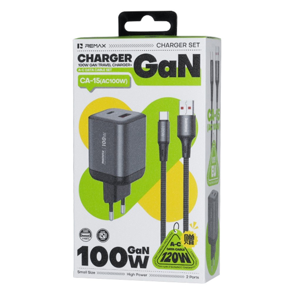 Φορτιστής GaN 100W Remax – Διπλή Θύρα USB-C και USB-A - Ταχεία Φόρτιση, Συμπαγής, Περιλαμβάνει Καλώδιο Φορτιστής GaN 100W Remax – Διπλή Θύρα USB-C και USB-A - Ταχεία Φόρτιση, Συμπαγής, Περιλαμβάνει Καλώδιο
