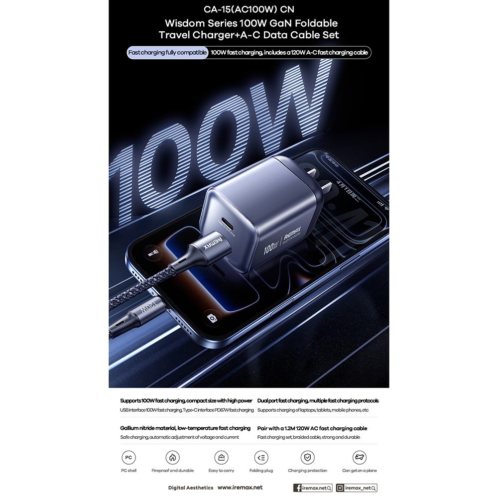 Φορτιστής GaN 100W Remax – Διπλή Θύρα USB-C και USB-A - Ταχεία Φόρτιση, Συμπαγής, Περιλαμβάνει Καλώδιο Φορτιστής GaN 100W Remax – Διπλή Θύρα USB-C και USB-A - Ταχεία Φόρτιση, Συμπαγής, Περιλαμβάνει Καλώδιο