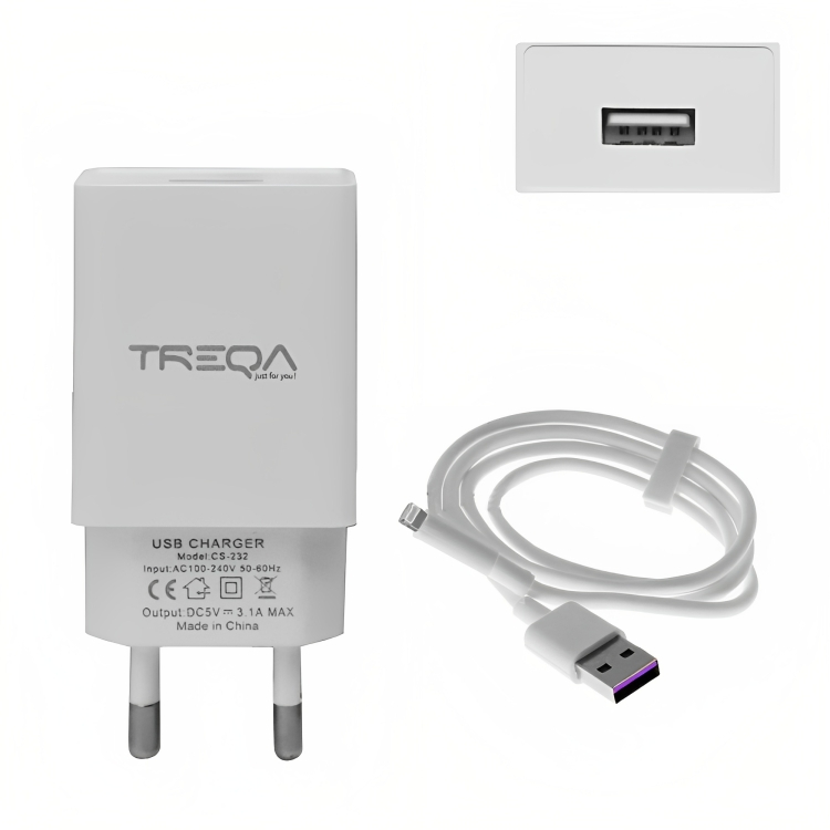 Φορτιστής Ταχείας Φόρτισης με 1 Θύρα USB 3.1A και Καλώδιο Lightning - Treqa Φορτιστής Ταχείας Φόρτισης με 1 Θύρα USB 3.1A και Καλώδιο Lightning - Treqa