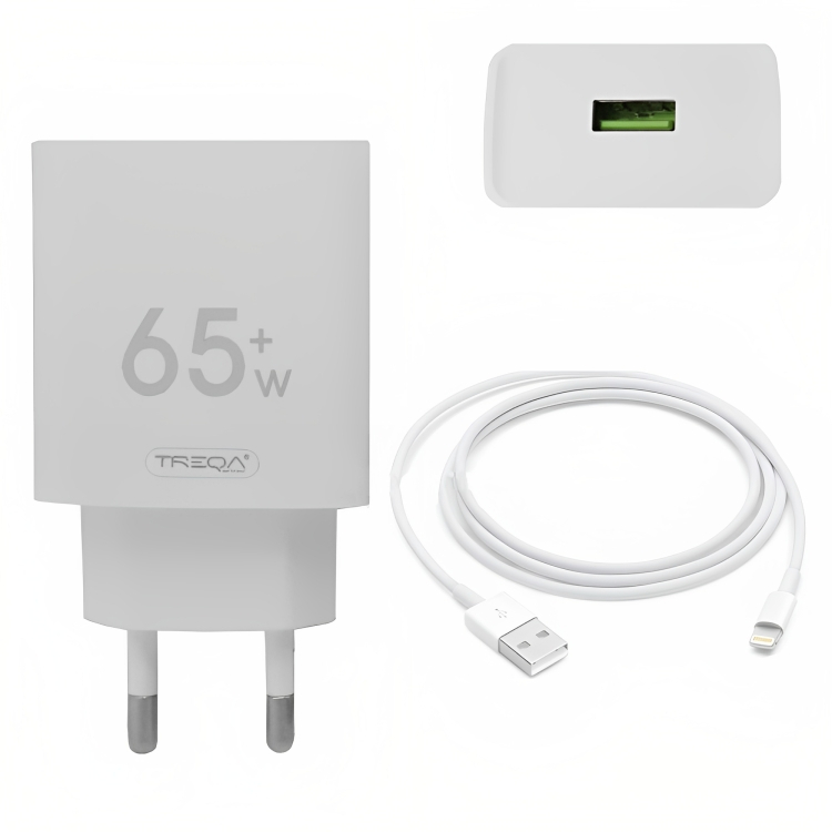 Φορτιστής Ταχείας Φόρτισης με 1 Θύρα USB 4.5A 65W και Καλώδιο Lightning - Treqa Φορτιστής Ταχείας Φόρτισης με 1 Θύρα USB 4.5A 65W και Καλώδιο Lightning - Treqa